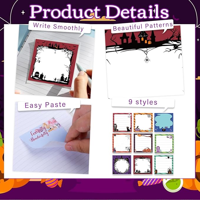 Halloween Sticky Notes Gifts - 9 Pack Funny Halloween Notepads 3x3 Inch, Creepy Pumpkin Ghost Memo Pads for Women Men, Horror Trick or Treat Gifts Office School Supplies (450 Sheets)