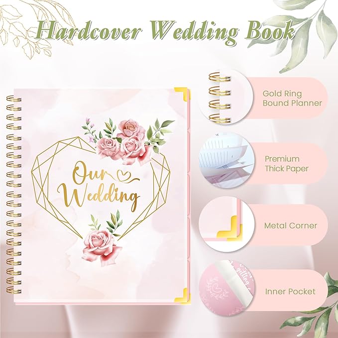Wedding Planner For Bride-Bridal Wedding Planning binder With 5 Tabbed Sections+Wedding Countdown Calendar,Unique Engagement Gifts For Couples,Pink Love