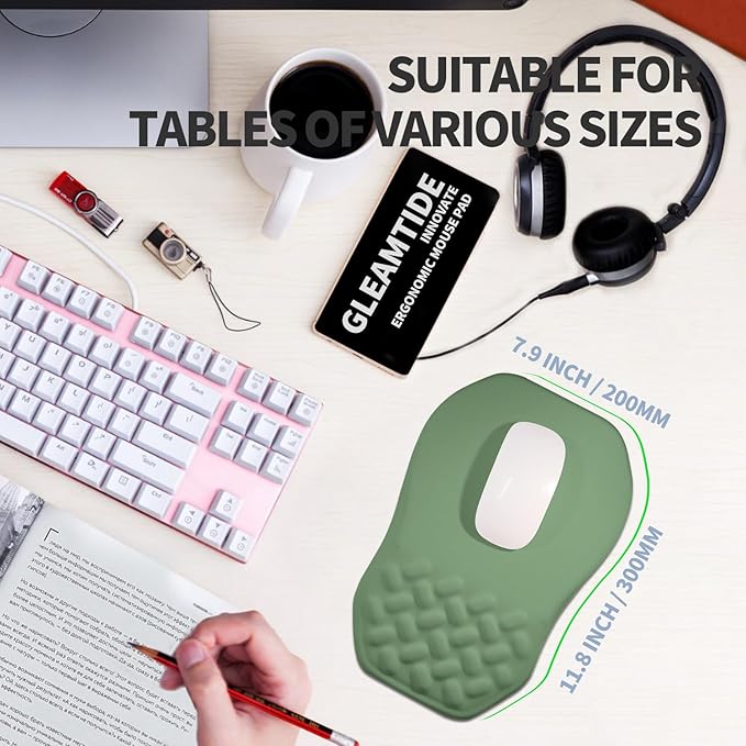 Ergonomic Raised Mouse Pad Wrist Support with Bilateral Slope Memory Foam Mousepad for Wrist Rest and Carpal Tunnel Pain Relief 11.8x7.9〃 Green