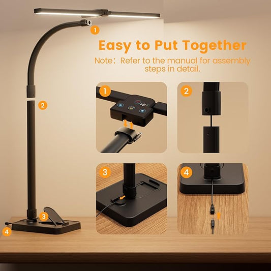 LED Desk Lamp with Base - Bright Dimmable Computer Lamp with Phone Holder, 24W Bendable Desk Light for Monitor Screen, Eye-Caring Tall Desktop Light for Task Home Office Work, Black, Dual Head