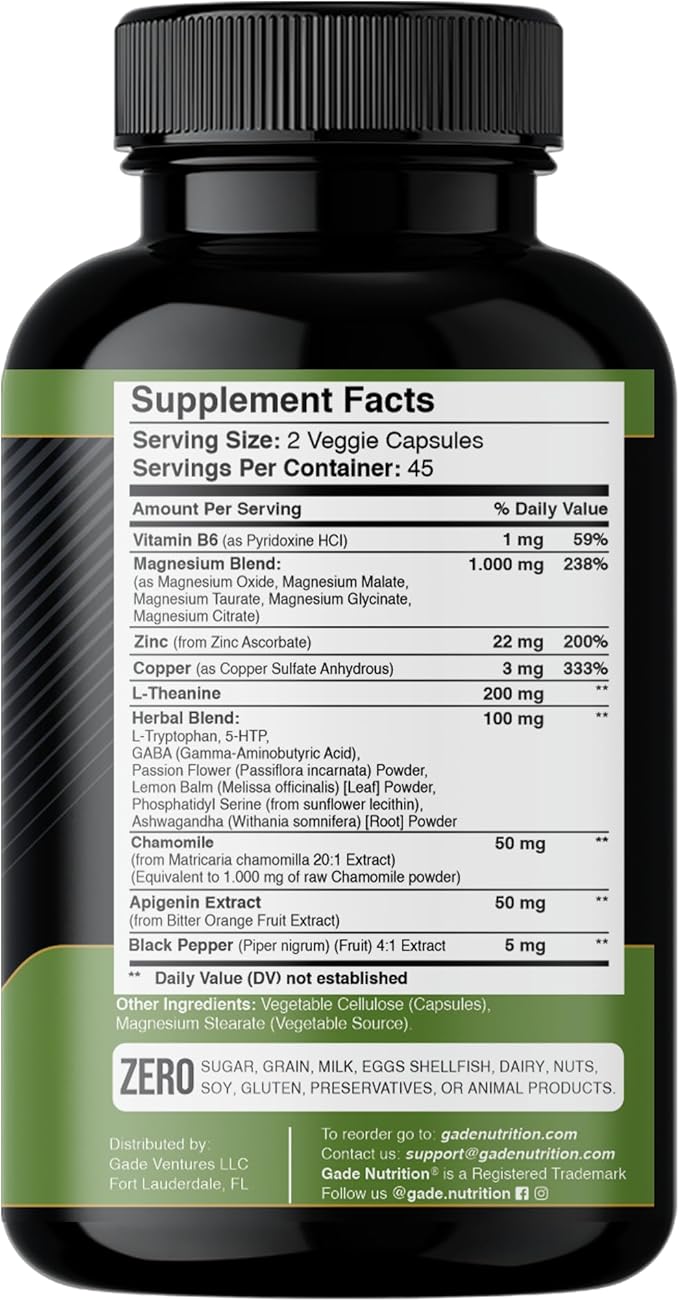 Gade Nutrition Magnesium Glycinate & Magneisum Supplements with Apigenin, L Theanine 200 mg, 5 HTP, GABA Calm Brain Booster Supplement Sleep Aid Ashwagandha L Tryptophan Chamomile