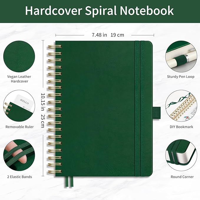 EMSHOI Bullet Dotted Journal Spiral Notebook - 300 Pages, B5 Hardcover Leather, 100 GSM Thick Dot Grid Notebook for Women Men Work Writing, Bullet Journaling, Drawing, 7.48" x 10.15", Dark Green