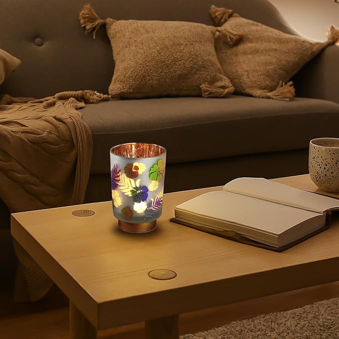 Eywamage Small Battery Operated Table Lamp, Glass Floral Lamp with Remote Timer, Cordless Lamp for Bedroom Living Room Kitchen