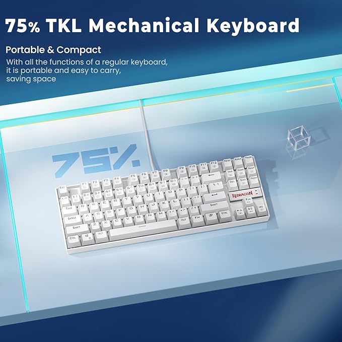 Redragon K552 Mechanical Gaming Keyboard, 87-Key Compact, LED Gaming Keyboard with Red Switches, Anti-Ghosting, Metal Frame for PC Gaming & Typing, Beginner-Friendly (White)