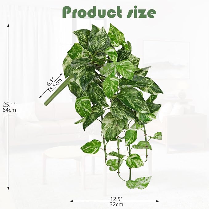 Hollyone Artificial Pothos Hanging Plants 25" Fake Ivy Vine Faux Ivy Pothos Leaves Hanging Plant Greenery for Wall House Room Patio Indoor Outdoor Home Shelf Office Wedding Decor