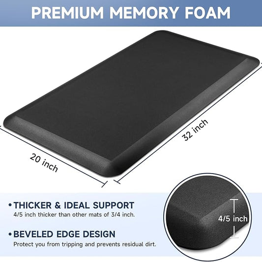 4/5 Inch Thick Kitchen Mats for Floor, StepRite Kitchen Rug for Standing Desk, Non-Slip, Thicker, Stain Resistant, Waterproof, Comfort Anti Fatigue Floor Mat for Home, Kitchen, Office - Black, 32*20''