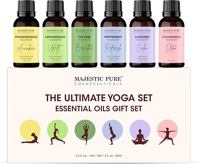 Majestic Pure, Yoga Essential Oil Gift Set | 100% Pure & Natural Set for Yoga, Meditation and Self-Care Rituals | Frankincense, Tea Tree, Lavender, Peppermint, Lemongrass, Chamomile - Pack of 6