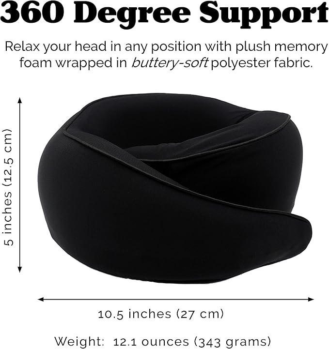 Memory Foam Travel Neck Pillow – Ergonomic 360° Head & Neck Support for Airplanes, Car & Home – Compact Washable Cover, Carry Bag & Earplugs – Best Neck Pillow Airplane, Travel Pillow for Long Flights