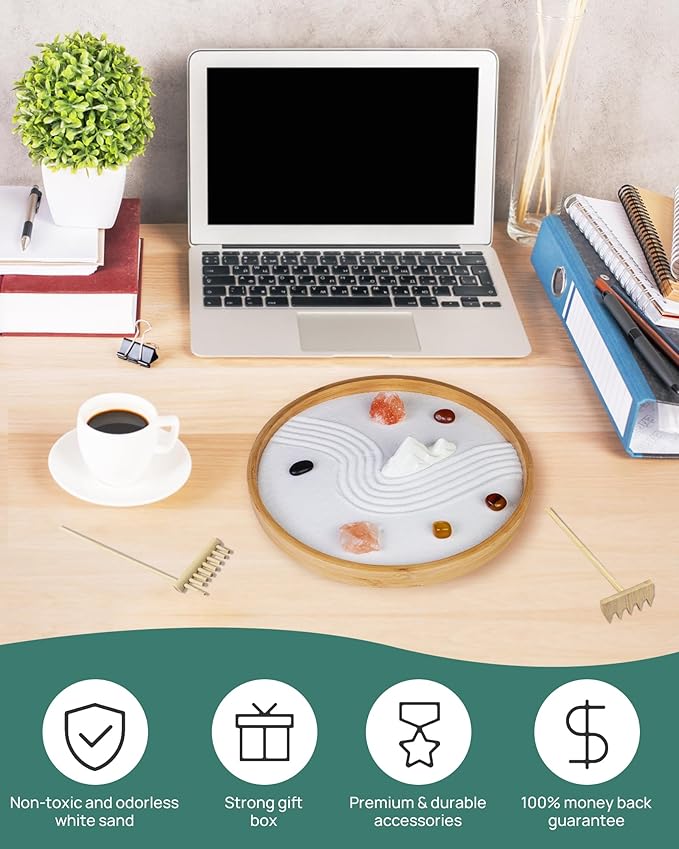 Melonva Japanese Zen Garden for Desk - Static Mountain 10" x 10" Desktop Mini Zen Garden with White Sand Artificial Tree Rocks Rakes & Accessories - Meditation Zen Gifts Sand Garden Kit for Office