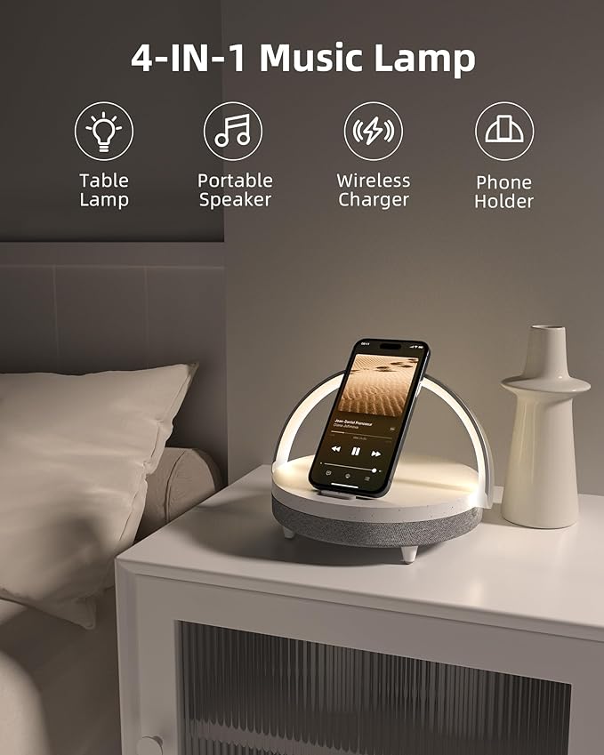 EZVALO Gift for Her, Music Table Lamp with Wireless Charger, 4 in 1 Touch Bedside Lamp, Portable Bluetooth Speaker, Phone Holder, Dimmable LED Night Lights Birthday Gifts for Women, Men, Dad, Mom