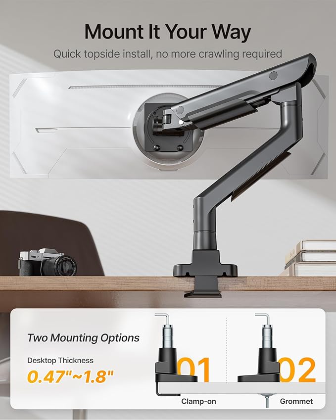 monTEK Sleek Aluminum Monitor Arm for 17–57” Ultrawide Screens up to 59 lbs, Heavy Duty Single Monitor Arm Desk Mount, Pneumatic Lift, Quick-Release Plate, Clamp/Grommet, Max VESA 100x100