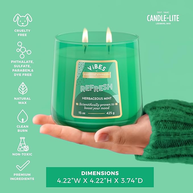 Candle-Lite Vibes Herbaceous Mint Mood-Enhancing Scented Candles, 15 oz Jar, Aromatherapy, Proudly Poured in The USA, 2-Wick, 86 Hours Burn Time, Perfect Relaxation Gift