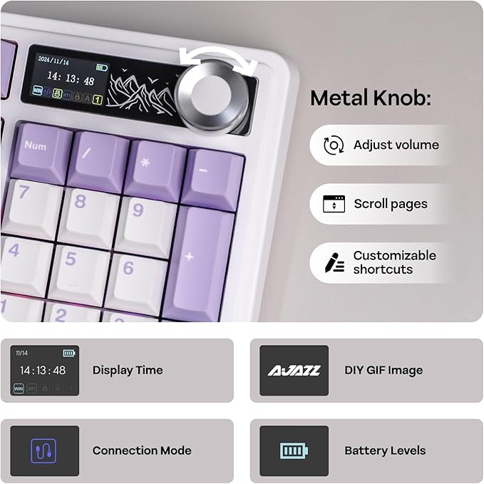 AJAZZ AK980 96% USB-C/BT5.0/2.4GHz Wireless Gaming Keyboard with 1.14’’ TFT Screen, Hot Swappable Creamy Mechanical Keyboard with FR4 Plate, Knob, RGB for Win/Mac (White, Gift V2 Switch)