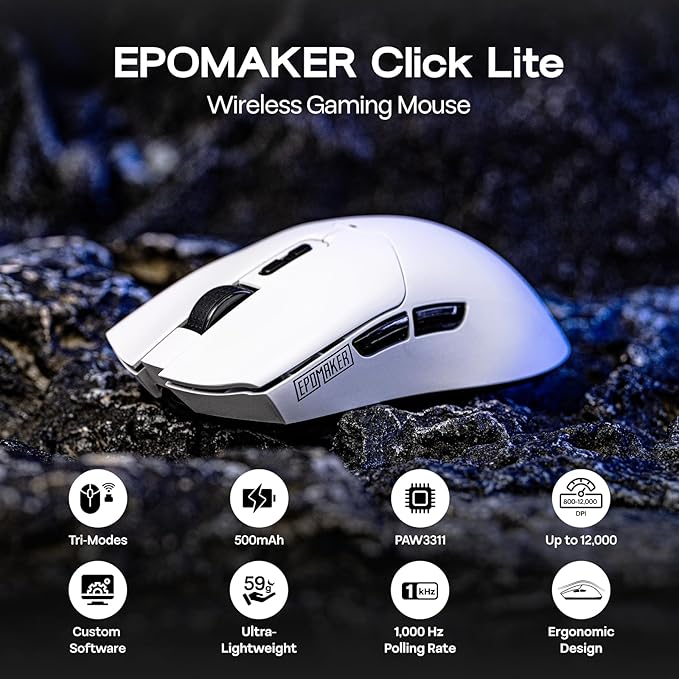 EPOMAKER Click Lite Wireless Gaming Mouse, 800 to 12,000 DPI Adjustable, PAW3311 Sensor, 500mAh, 59g, 2.4G/BT/USB-C Rechargeable Wireless Mouse with 5 Programmable Buttons for PC/Mac/Linux (White)