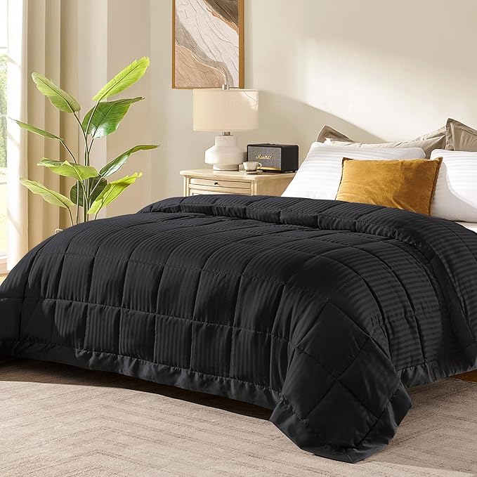 downluxe Twin Blanket with Satin Trim, Lightweight Down Alternative Blanket Twin Size for All Season, Machine Washable (Black, 66 X 90 Inch)