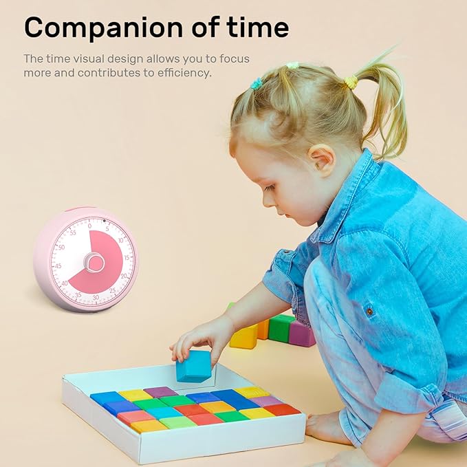 Visual Timer 60-Minute, Kids Timer for Homeschool Desk, Time Management Tools with Silent Operation, Timer for Kitchen Office Classroom(Pink)