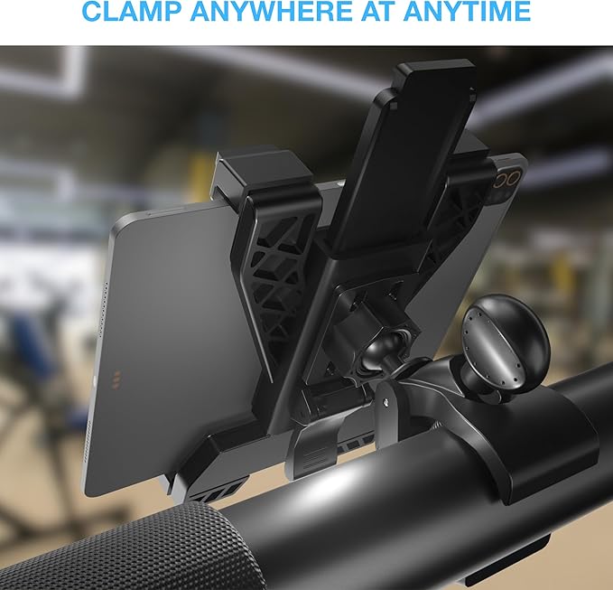 Randconcept - Treadmill Tablet Holder, Elliptical Tablet Holder, Large Clamp for Indoor Exercise Stationary Spin Bike, Mic Stand for iPad Pro 12.9 Air Mini Galaxy Tabs 5-13" Tablets