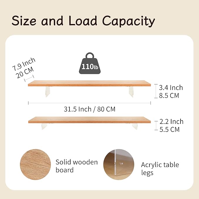 Wood Monitor Stand Riser with Acrylic Legs, Computer Screen Stand Desk Organizer, 31.5 x 7.9 x 3.1 inch, Hold up to 66 lbs (Natural, 31.5"×7.9"×3.1")