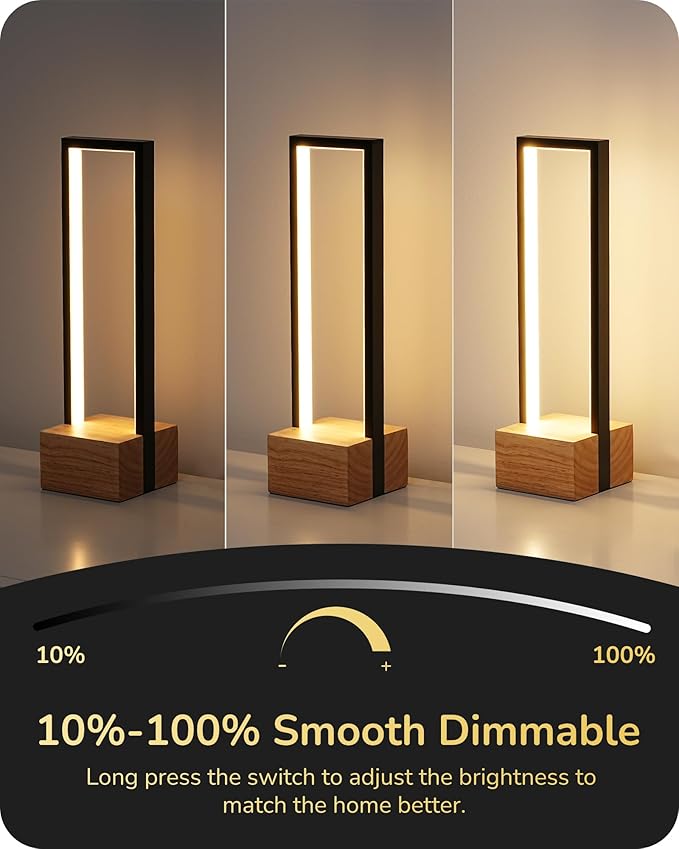 EDISHINE Modern Table Lamp, Dimmable LED Bedside Lamp with 3 Color Temps 3000K 4500K 6000K, Black Square Aluminum Frame, Complete Wooden Base, Nightstand Lamp for Bedroom