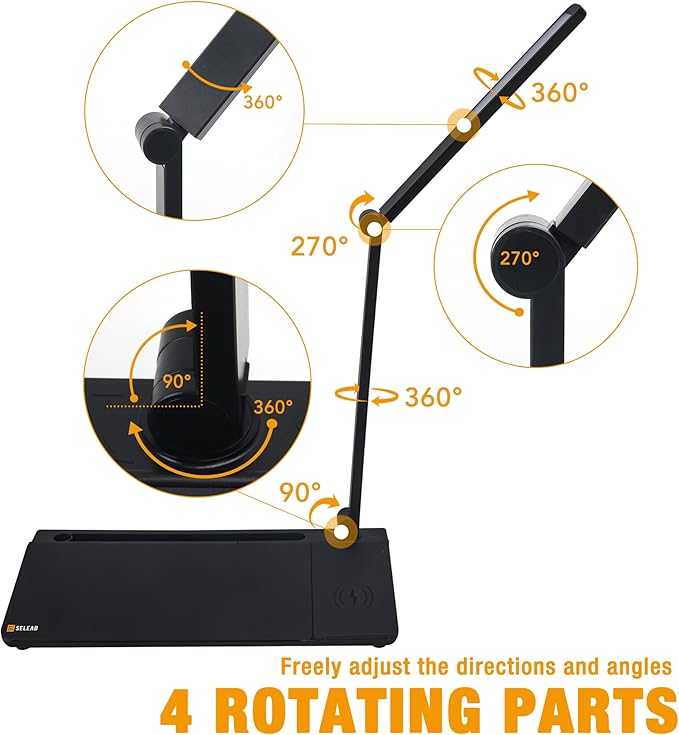 SELEAD Desktop Glass Whiteboard with Wireless Charger Station and Desk Lamp, Tabletop Dry Erase Board w/Organizer, Markers, Mirror, Holder for Home School Office Desk Accessories, Black