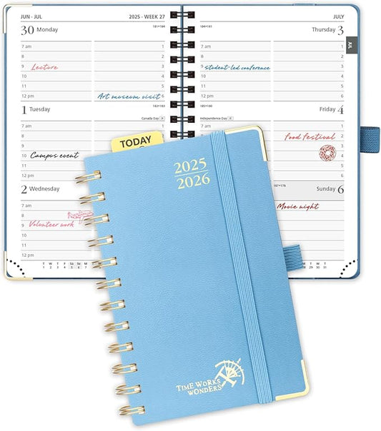 POPRUN Pocket Planner 2025-2026 (Spiral Hardcover - 4''x 6.25''), Daily Weekly and Monthly (July 2025 - June 2026) with Hourly Time Slots, for Purse, 100 GSM - Haze Blue