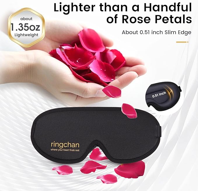 ringchan True Blackout Eye Masks for Sleep, Office Nap or Long Flight Trip, Zero Pressure on Eyeballs and Eyelids, Conveniently Adjustable Strap, Soft and Comfortable Night Blindfold - Jet Black