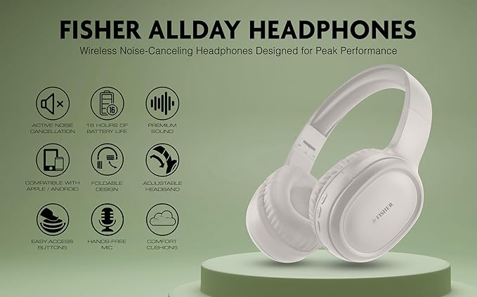 Fisher Active Noise Cancelling Headphones, Over Ear Wireless Bluetooth 5.3 w Microphone, Lightweight Comfortable Headset for Home Travel, 16H Playtime, Rechargeable, Hi-Res Sound Audio, Deep Bass