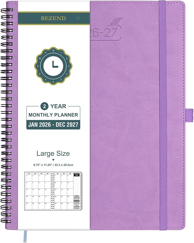 BEZEND Monthly Planner 2026-2027 (Spiral-8.5" x 11") 2 Year Calendar Book with Note Pages - Jan 26 to Dec 27-120 GSM Paper, Inner Pockets, Laminated Tabs, Vegan Leather Softcover - Lavender