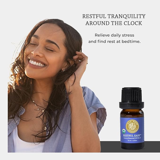 Silk Road Organic Restful Ease Essential Oil Sleep & Stress Blend - 100% Pure USDA Certified with Indian Sandalwood - Stress Ease Aromatherapy & Calming Relaxation - 10 ml Dropper