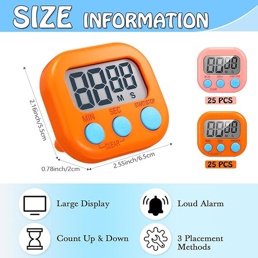 Xuhal 50 Pieces Digital Kitchen Timer Bulk, Small Magnetic Timers for Classroom, Digits Stopwatch Clock Timer for Cooking Baking Sports Games Office, Not Including Battery (Pink,Orange)