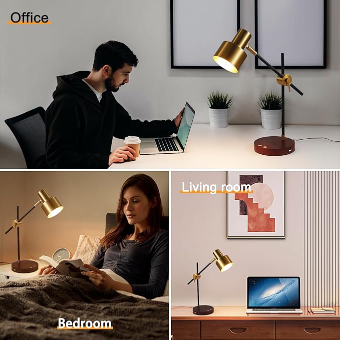 Adjustable Swing Arm Desk Lamp with Wireless Charger & USB Ports - Touch Control, 360° Flexible Metal Arm, Timer Function, Modern Office Lamp for Home Study, Bedroom, Reading (LED Bulb Included)