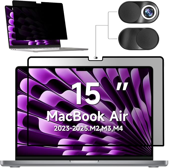 Mamol Privacy Screen for MacBook Air 15 Inch (2023-2025, M2, M3,M4)- A2941 A3114, MagicSuction™ Removable Vacuum Adsorption Anti Spy,Anti Glare Anti Blue Light Filter for Mac Laptop Computer