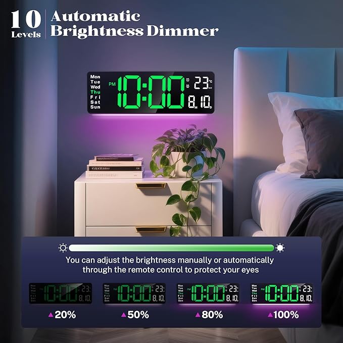 Digital Clock for Classroom, 16" Large Digital Clock with Remote Control, Led Wall Clock with Date, Week, Alarm, Temperature, Night Light for Living Room, Garage, Bedroom, Gym, Office(Green)