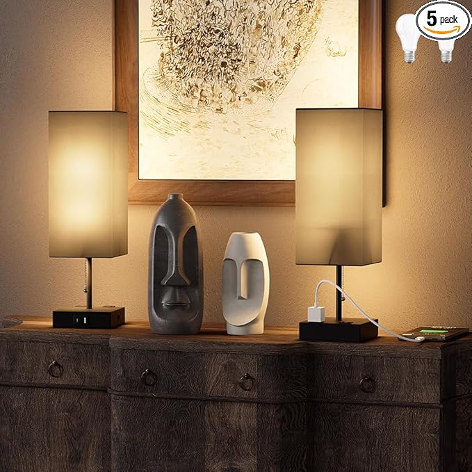 Table Lamp for Bedroom with USB,Bedside Lamp with USB C+A Charging Ports,Adjustable 3color LED Light for Home Decor/Nightstand/Office,Included Bulb and Fabric Lamp Shade (Linen Black, 2PCS)