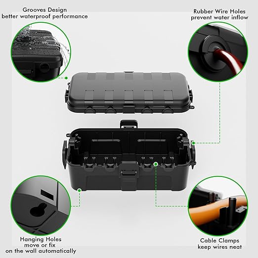 RESTMO Outdoor Electrical Box, IP54 Weatherproof Extension Cord Cover with 6 Cable Entry Ports, Waterproof Connection Box Protect Power Strip, Timer, Plug, Holiday Lights, (11.5x5.2x4 inch), Black