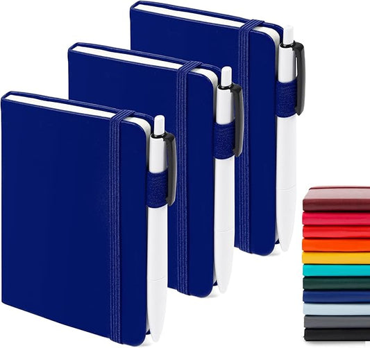 feela 3 Pack Pocket Notebook Journals with 3 Black Pens, A6 Mini Cute Small Journal Notebook Bulk Hardcover College Ruled Notepad with Pen Holder for Office School Supplies, 3.5”x 5.5”, Navy