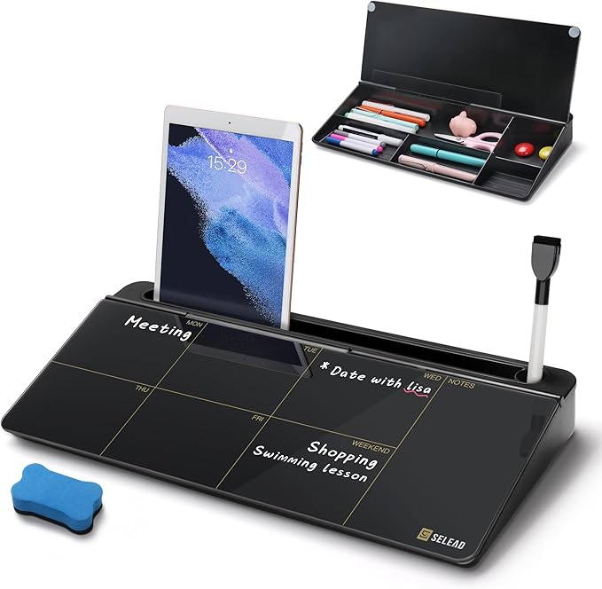 SELEAD Desktop Glass Whiteboard Weekly Planner Calendar with Organizer, Markers, Eraser, Holder - Small Dry Erase White Board TODO List Memo for Home, School, Office Desk Accessories - Black