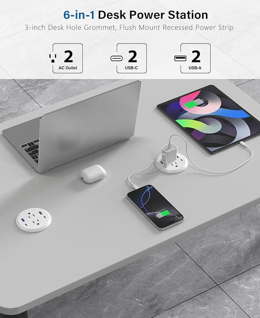 3 inch Desktop Power Grommet with PD 20W USB C,Furniture Recessed Power Strip,2 Outlets,4 USB Ports,40W Total,Flush-Mount for Desktop, Workspace Essential Desk Outlet (White, 6 FT Cable)