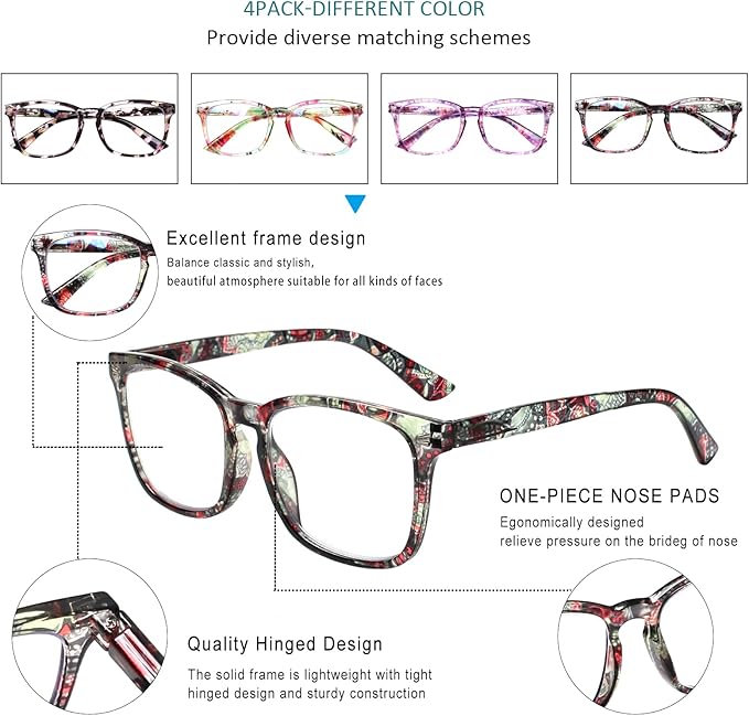 Henotin 4-Pack Blue Light Blocking Reading Glasses Women Men,Spring Hinge Computer Readers,Anti UV Ray Square Nerd Eyeglasses (Ladies Readers with Pattern Print, 1.0, Diopters)