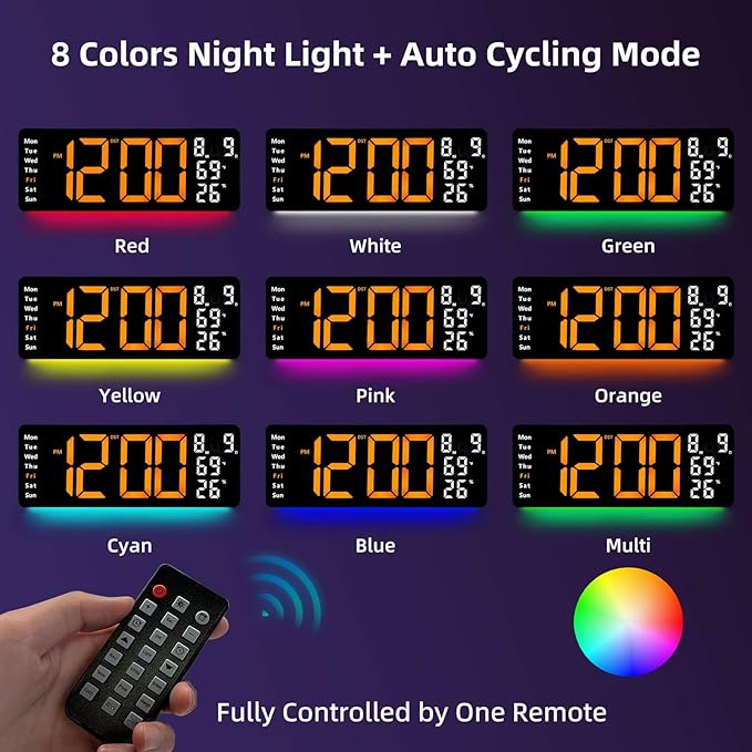 17.5” Digital Wall Clock, LED Display with Time, Date, Month, Temperature & Humidity, Remote Control DST, Alarm, Timer, 10-Level Brightness, Night Light for Home, Living Room, Bedroom & Office Décor