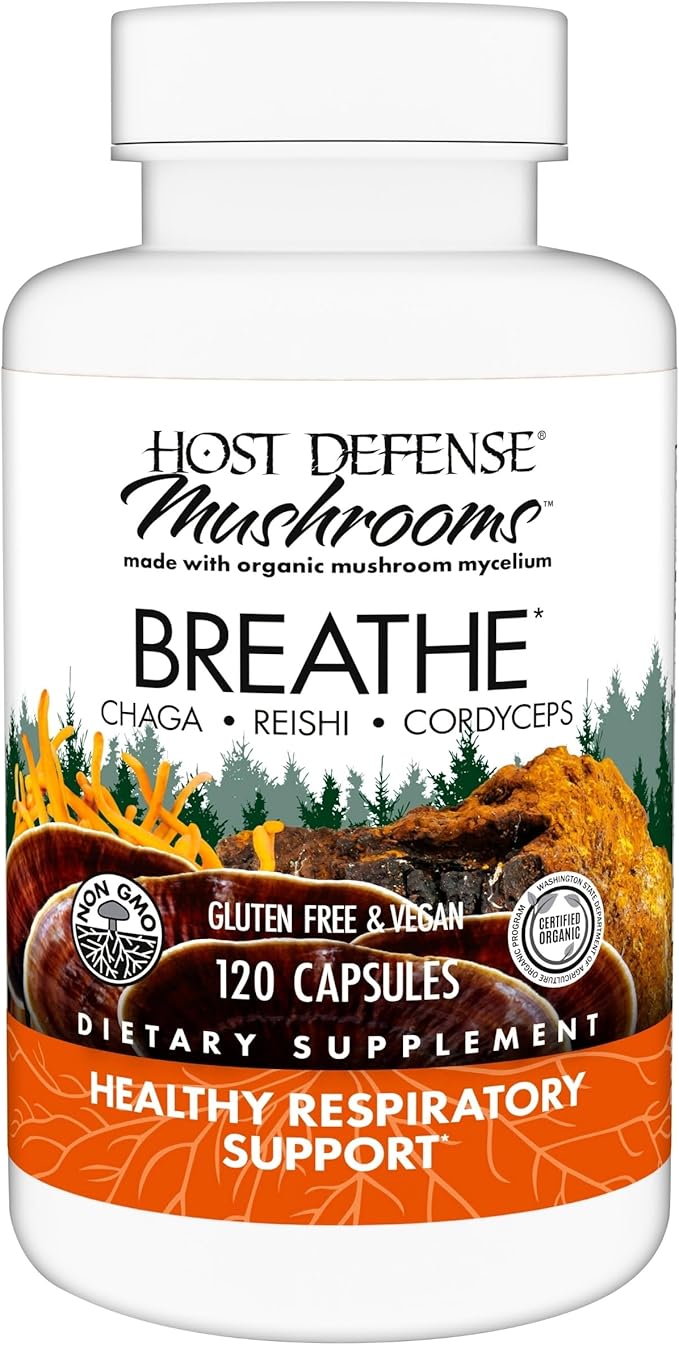 Host Defense Breathe* Capsules - Immune & Respiratory Support Mushroom Supplement - Herbal Lung Health Supplement with Chaga, Reishi & Cordyceps - 120 Capsules (60 Servings)*