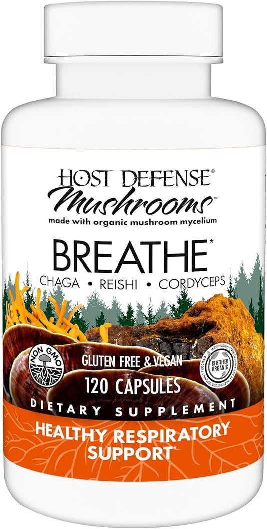 Host Defense Breathe* Capsules - Immune & Respiratory Support Mushroom Supplement - Herbal Lung Health Supplement with Chaga, Reishi & Cordyceps - 120 Capsules (60 Servings)*