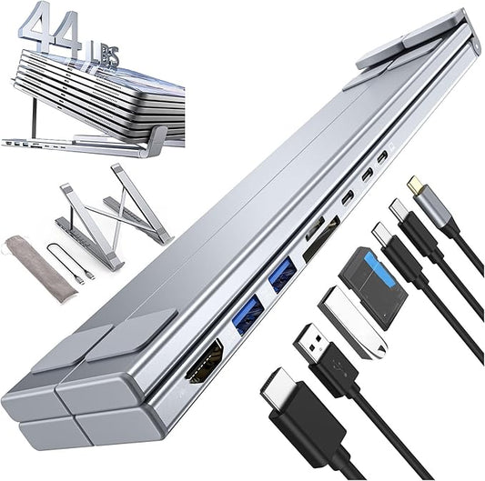 2025 8-in-1 USB-C Laptop Stand, Laptop Docking Station Stand,Adjustable Ergonomic Aluminum, with 4k Hdmi, 2 USB 3.0, Pd 100w, Heat Dissipation, Foldable for Home Office, Café, Travel (5 in 1)