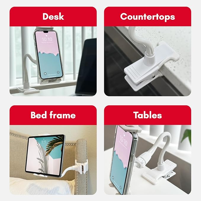 Macally Clip On Tablet Holder | Gooseneck iPad Holder for Bed, Stroller, Airplane, Desk (Universal Tablet Compatibility) Strong and Secure iPad Arm Mount, Tablet Clamp Mount, Kindle Holder