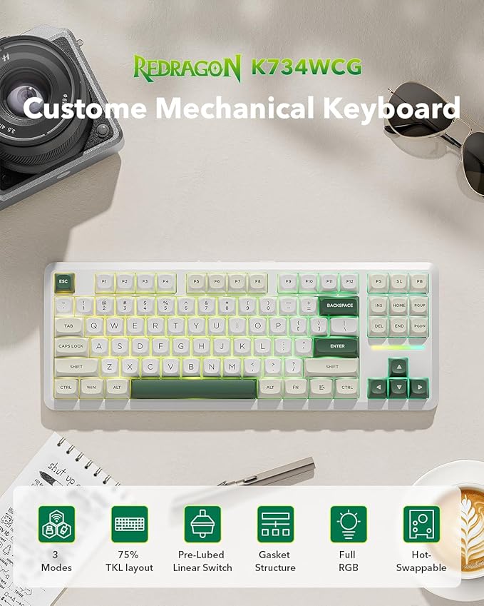 Redragon K734W Wireless Mechanical Keyboard, Tri Mode BT5.0/2.4G/USB-C 75% 81 Keys TKL Custom Hot Swappable Gaming Keyboard, Pre-lubed Linear Switches,RGB Gasket Computer Creamy Keyboard, for PC/MAC