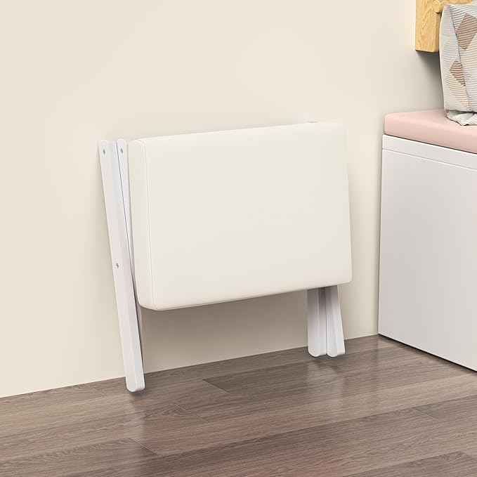 Foldable Foot Stool Ottoman, Modern Foot Rest with Bamboo X Legs & Thick Foam Cushion, Folding Foot Stools Small Padded for Bedroom Living Room, Makeup Vanity Stool Chair (White - White)