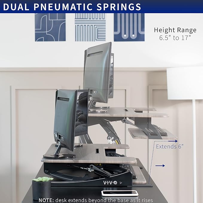 VIVO 36 inch Height Adjustable Stand Up Desk Converter, V Series, Quick Sit to Stand Tabletop Dual Monitor Riser Workstation, Gray Top, Black Frame, DESK-V000VG