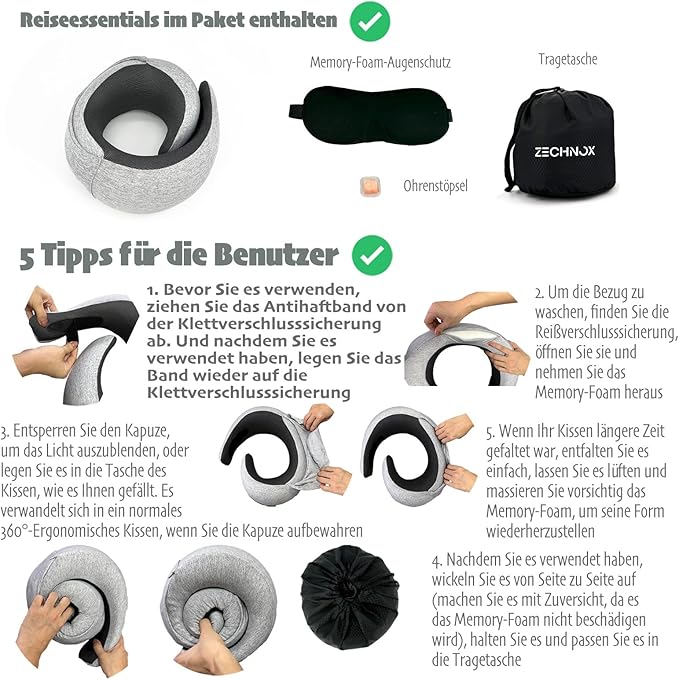 Ergonomic Travel Neck Pillow with Stowable Hood,Neck Pillow Airplane,Premium Memory Foam,360º Contoured Design,Washable Cover,Complete Travel Set,Ideal for Airplane,Car and Office