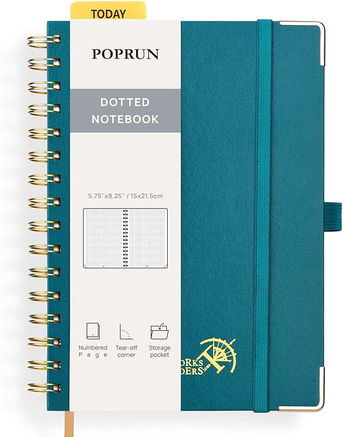 POPRUN Spiral Dotted Journal Notebook, [A5-5.75'' x 8.25''] - 120 GSM Thick Paper, 141 Numbered Pages, Hardcover for Men & Women with Pocket, Index Tabs, 8 Perforated Sheets, Pacific Green