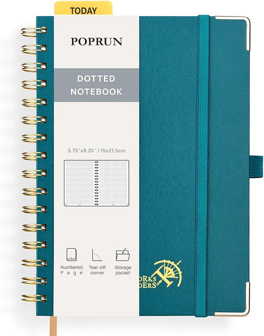 POPRUN Spiral Dotted Journal Notebook, [A5-5.75'' x 8.25''] - 120 GSM Thick Paper, 141 Numbered Pages, Hardcover for Men & Women with Pocket, Index Tabs, 8 Perforated Sheets, Pacific Green